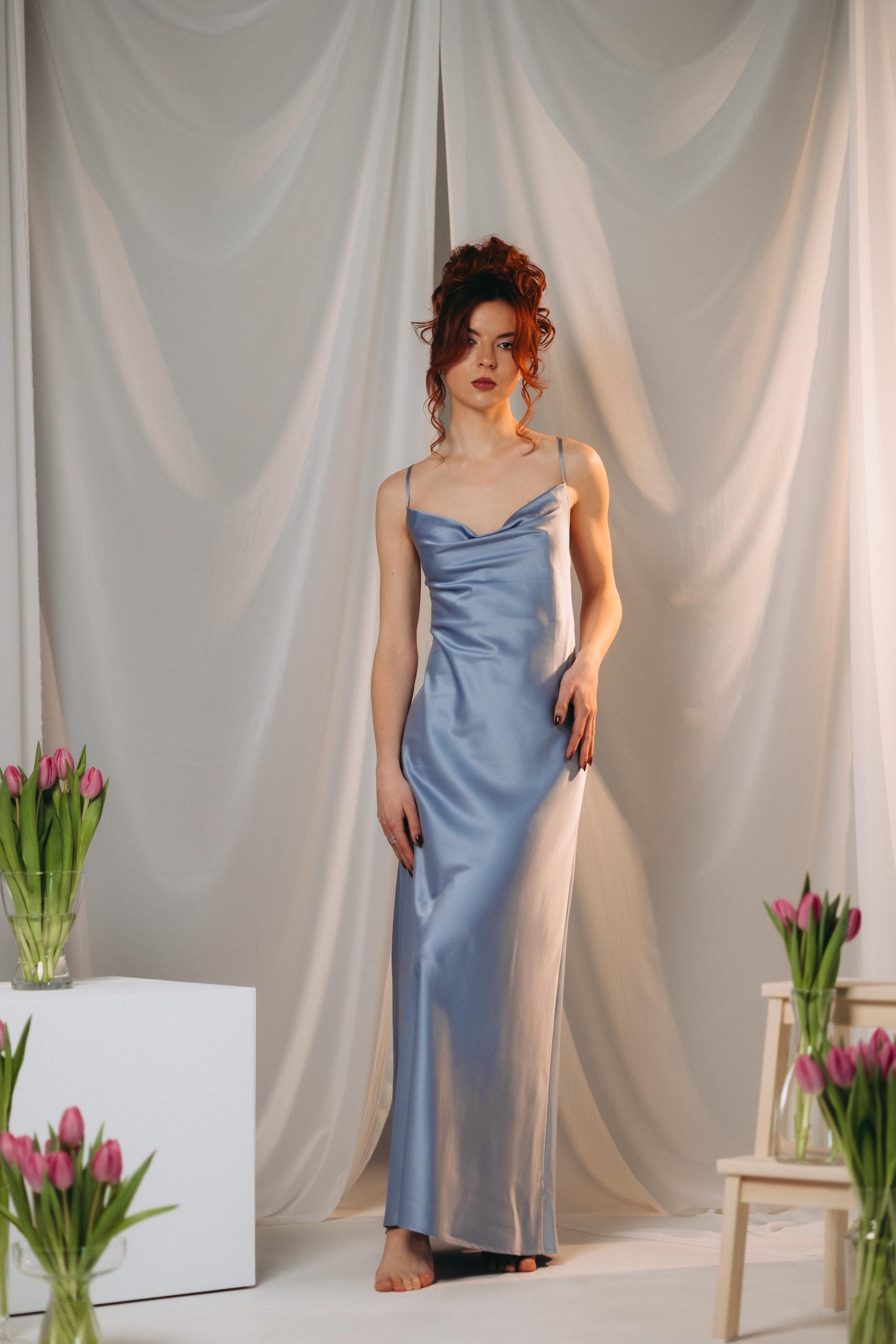 Bridesmaids Dress Dusty Blue Satin - Etsy