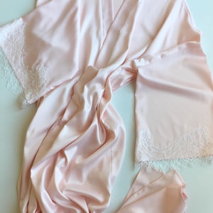 Bridal robe and nightgown set Silk robe kimono with lace trim Negligee Satin Midi slip dress Getting ready peignoir Lace robe with slip set image 13