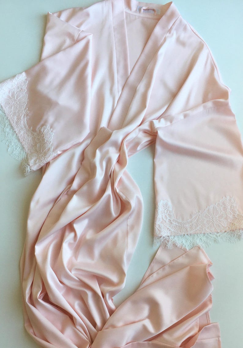 Bridal robe and nightgown set Silk robe kimono with lace trim Negligee Satin Midi slip dress Getting ready peignoir Lace robe with slip set image 13