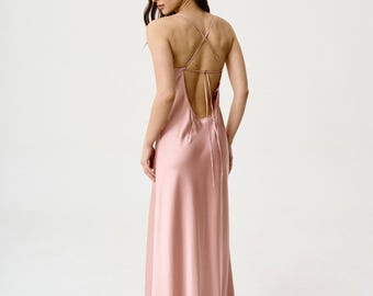 Powder pink maxi dress Silk Low Back Dress. Satin wedding dress. Long dress bridesmaid Wedding guest dress Evening dress Bridal party attire