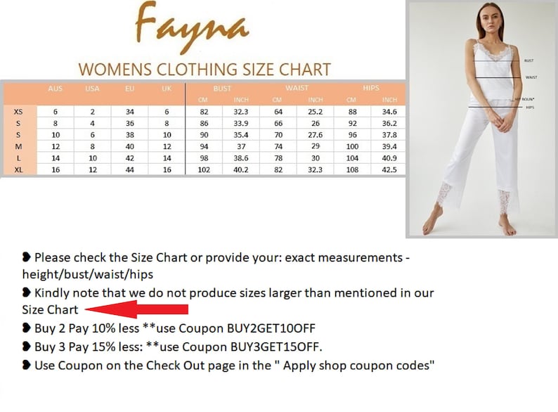 May include: A size chart for women's clothing with measurements in inches and centimeters. The chart includes sizes XS to XL, with corresponding measurements for bust, waist, and hips. The chart also includes a note that the company does not produce sizes larger than those listed.