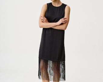 Vestido negro con flecos en el dobladillo, vestido flapper de seda, vestido de cóctel con flecos estilo Gatsby de los años 20