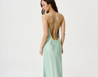 Mint green maxi dress. Silk Low Back Dress. Satin wedding dress. Long dress bridesmaid Wedding guest dress Evening dress Bridal party attire