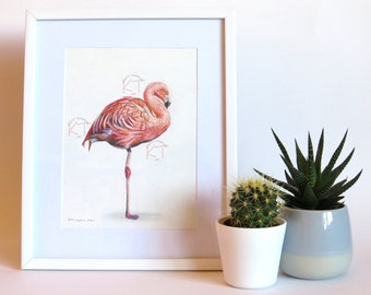 FLAMINGO - Original Framed Coloured Pencil Art,  8"x6", Flamingo Wall Art, Flamingo Gift