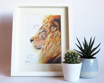 LION – “The King” - Original Framed Coloured Pencil Art, 6"x8", Lion Wall Art, Animal Portrait
