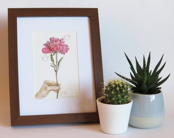 PINK PEONY - Original coloured pencil flower art, 6"x4" floral drawing, Pink flower wall art