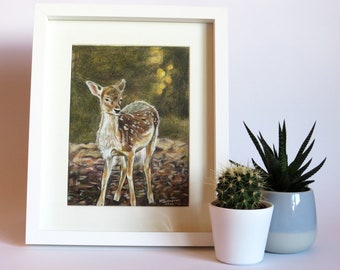 FAWN - Original Framed Coloured Pencil Deer Art, 8" x 6", Deer Wall Art, Gift for Fawn Lovers