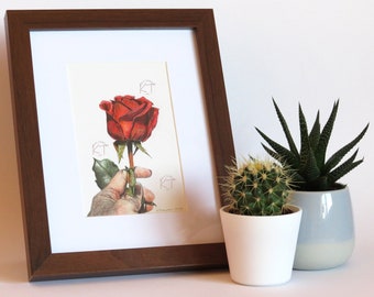 RED ROSE - Original coloured pencil flower art, 6"x4" floral drawing, Gift for her, Rose wall art