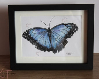 BLUE MORPHO BUTTERFLY - Original Framed Coloured Pencil Art, 7"x5", Butterfly Wall Art, Butterfly Gift