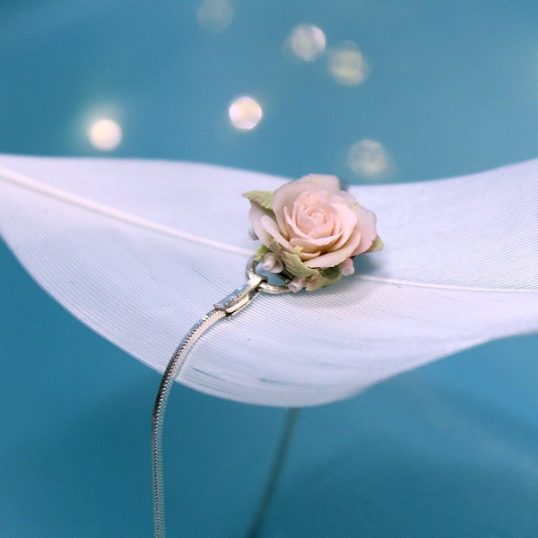 Pink Rose Bracelet Delicate Cream Flower on Stainless Steel Chain Bridal Bracelet