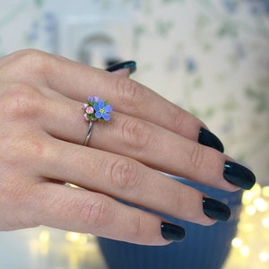 Minimal Ring Forget-me-not Nature Inspired Ring with Tiny Flowers Adjustable  Sizer