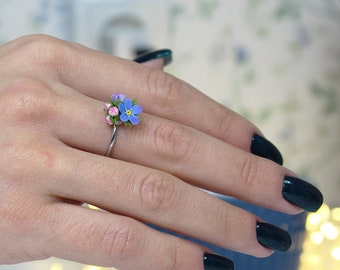 Minimal Ring Forget-me-not Nature Inspired Ring with Tiny Flowers Adjustable  Sizer