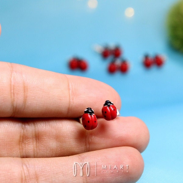 Ladybug Small Stud Earrings Realistic Miniature Ladybird on a Hypoallergenic and 925 Sterling Silver Base for Children