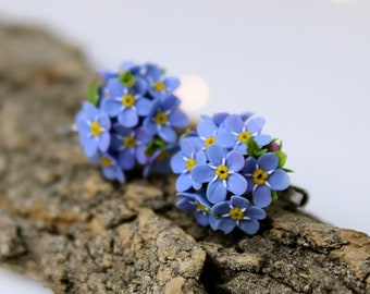 Forget me Not Earrings Realistic Bouquet on Stainless Steel Hypoallergenic Base with Leverback. Blue Cottagecore Floral Earrings
