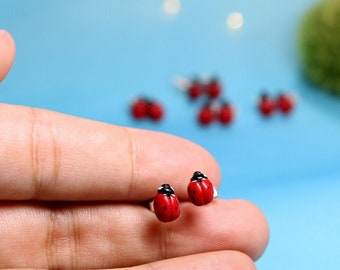 Ladybug Small Stud Earrings Realistic Miniature Ladybird on a Hypoallergenic and 925 Sterling Silver Base for Children