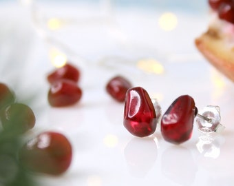 Pomegranate Seed Stud Earrings Miniature Red Realistic Fruit Persephone Earrings Epoxy Resin Jewelry 925 Silver or Surgical Steel Base