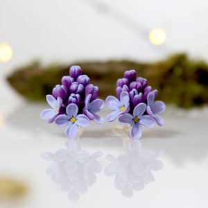 Lilac Leverback Earrings Cottagecore Bloom Floral Small Purple Bouquet on Sterling Silver Base 925