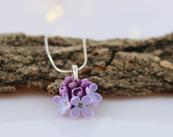 Small Pendant with Purple Lilac Flowers on a Stainless Steel Chain