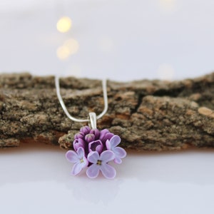 Small Pendant with Purple Lilac Flowers on a Stainless Steel Chain
