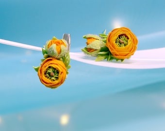 Peony Earrings Ranunculus Orange Small Flowers 925 Sterling Silver Leverback Earrings Polymer Clay Jewelry