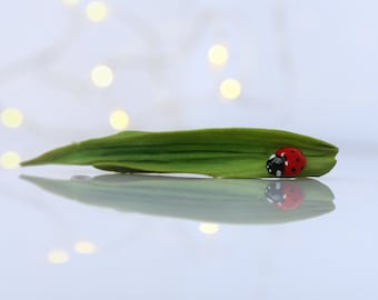 Ladybug Brooch, Cottagecore Emerald Leaf Pin, Realistic insect ladybird pin badge