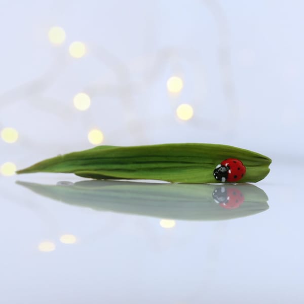 Miraculous Ladybug, Cottagecore Brooche, Pin Miniature, Emerald Green Leaf with Insect Red Bug