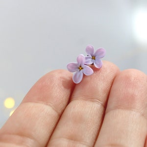 Lilac Stud Earrings Violet Blossom Realistic Floral Jewelry Tiny Purple Minimalist Flower