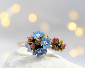 Blue Adjistable Ring Forget Me Not Tiny Flower Bouquet Delicate 925 Sterling Silver Ring Cottagecore Jewelry