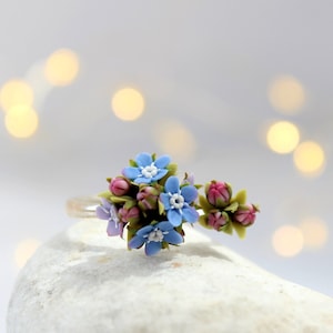 Blue Adjistable Ring Forget Me Not Tiny Flower Bouquet Delicate 925 Sterling Silver Ring Cottagecore Jewelry