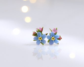 Forget Me Not  Blue Stud Earrings Hypoallergenic Unique Dainty Flower Earrings on a Stainless Steel Base Realistic Floral Post Studs