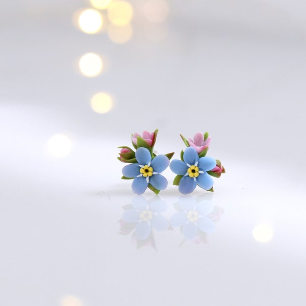 Forget Me Not  Blue Stud Earrings Hypoallergenic Unique Dainty Flower Earrings on a Stainless Steel Base Realistic Floral Post Studs