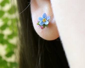 Fairycore Cottagecore Forget Me Not Stud Earrings Flower Sky Blue Realistic Myosotis Jewelry