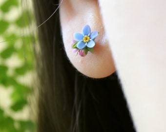 Fairycore Cottagecore Forget Me Not Stud Earrings Flower Sky Blue Realistic Myosotis Jewelry