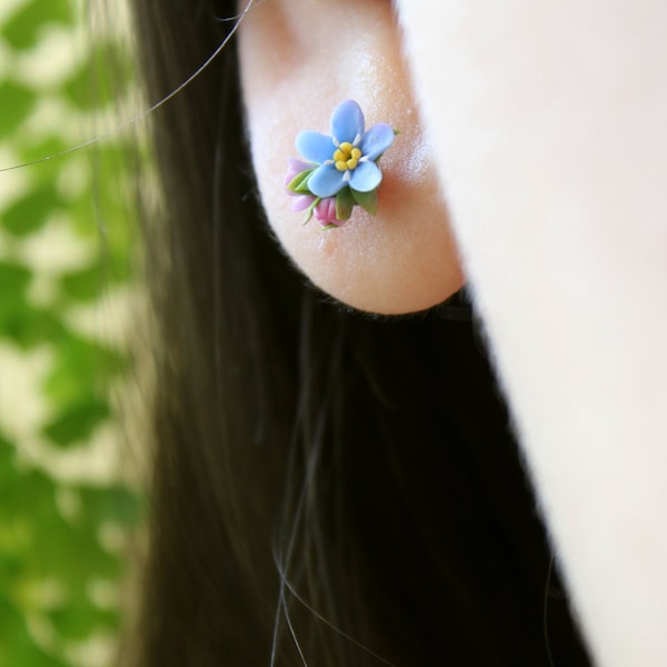 Fairycore Cottagecore Forget Me Not Stud Earrings Flower Sky Blue Realistic Myosotis Jewelry