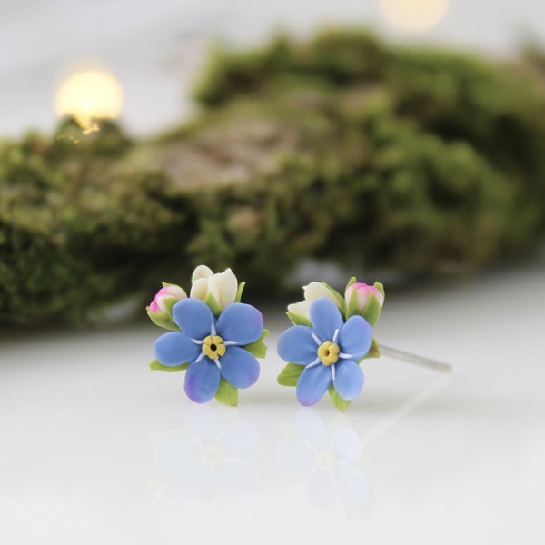 Forget Me Not Stud Earrings Fairycore Dainty Flower  Blue Small Post Stud Earrings