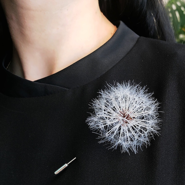 Dandelion Flower Brooch, Large Flower Brooch, Miracle White Textile Flower Pin in Cottagecore Style. All Parachute is made by Hand