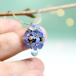 Forget Me Not Delicate Necklace, Blue Flowers Bouquet Jewelry, Dainty Pendant with Glass Drop, Wedding Jewelry