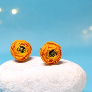 Peony Blossom Post Earrings Juicy Orange Ranunculus Flower Stud on a 925 Sterling Silver Base with a Screw