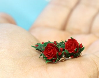 Romantic Red Rose Earrings on a 925 Sterling Silver Leverback Base Emerald Green Bouqet