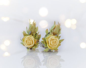 Clip-on Rose Earrings Yellow  Tiny Flower Bouquet Small Rose on a Stainless Steel Base