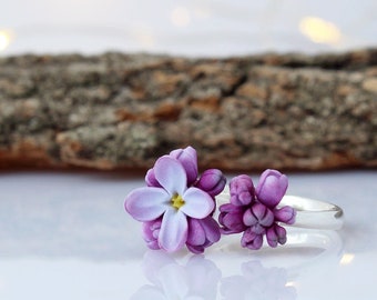 Lilac Flower Ring Statement Ring on a 925 Sterling Silver Base Purple Handmade Jewelry Adjustable Lavender Ring