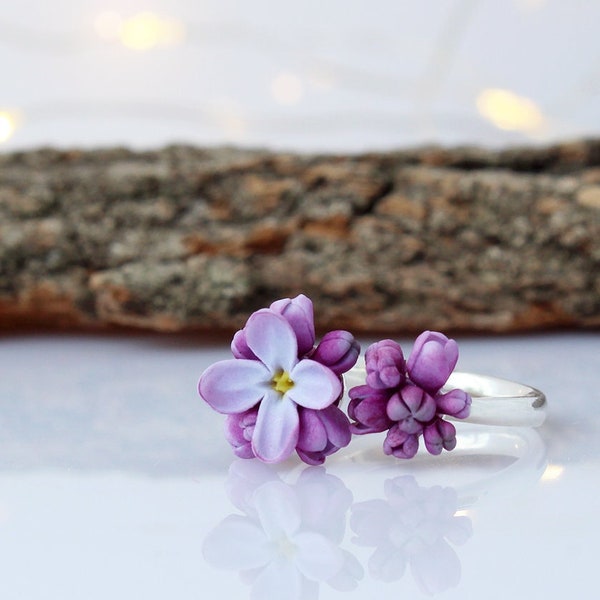 Lilac Flower Ring Statement Ring on a 925 Sterling Silver Base Purple Handmade Jewelry Adjustable Lavender Ring