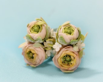 Ranunculus Earrings Yellow Pink Miniature Flower Wedding Bouquet on a 925 Sterling Silver Base
