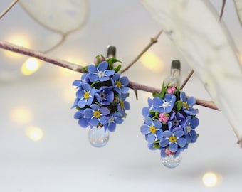 Forget Me Not Leverback 925 Sterling Silver Earrings Tender Blue Flowers Bouquet Jewelry Dainty Earrings with Glass Drop