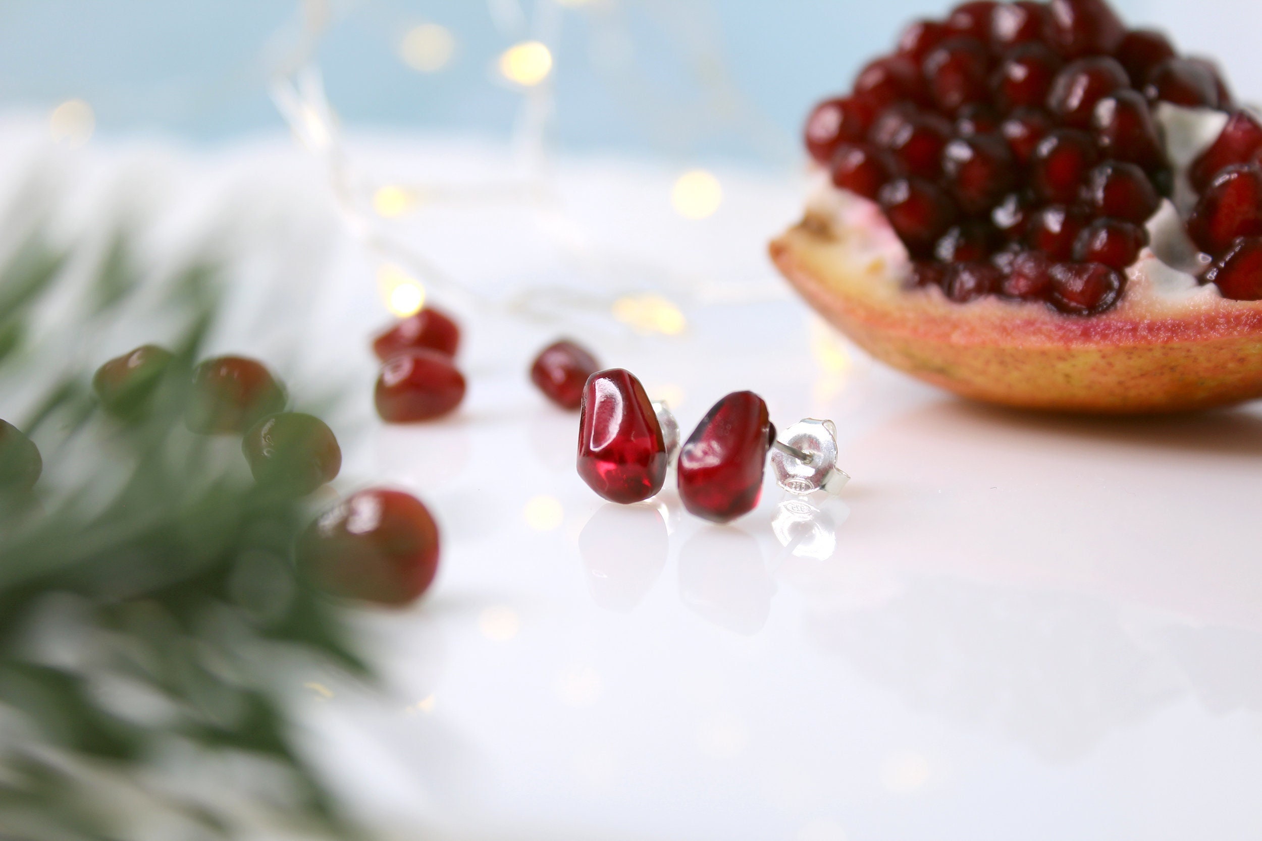 Pomegranate Seed Stud Earrings Miniature Red Realistic Fruit Persephone Earrings Epoxy Resin Jewelry 925 Silver or Surgical Steel Base