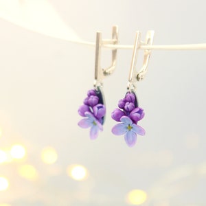 Mauve Lilac Flower Earrings on a 925 Sterling Silver Leverback Base Cottagecore Purple Floral Romantic Jewelry Vintage Style image 2