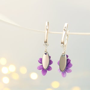 Mauve Lilac Flower Earrings on a 925 Sterling Silver Leverback Base Cottagecore Purple Floral Romantic Jewelry Vintage Style image 4