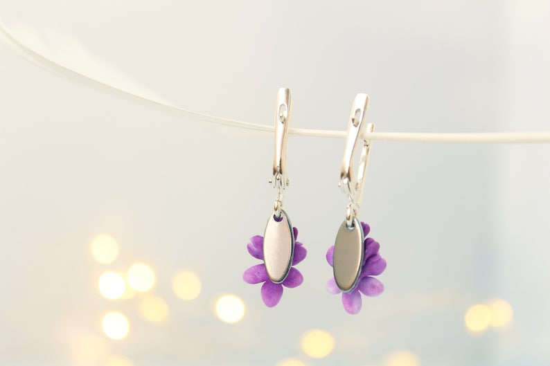 Mauve Lilac Flower Earrings on a 925 Sterling Silver Leverback Base Cottagecore Purple Floral Romantic Jewelry Vintage Style image 4