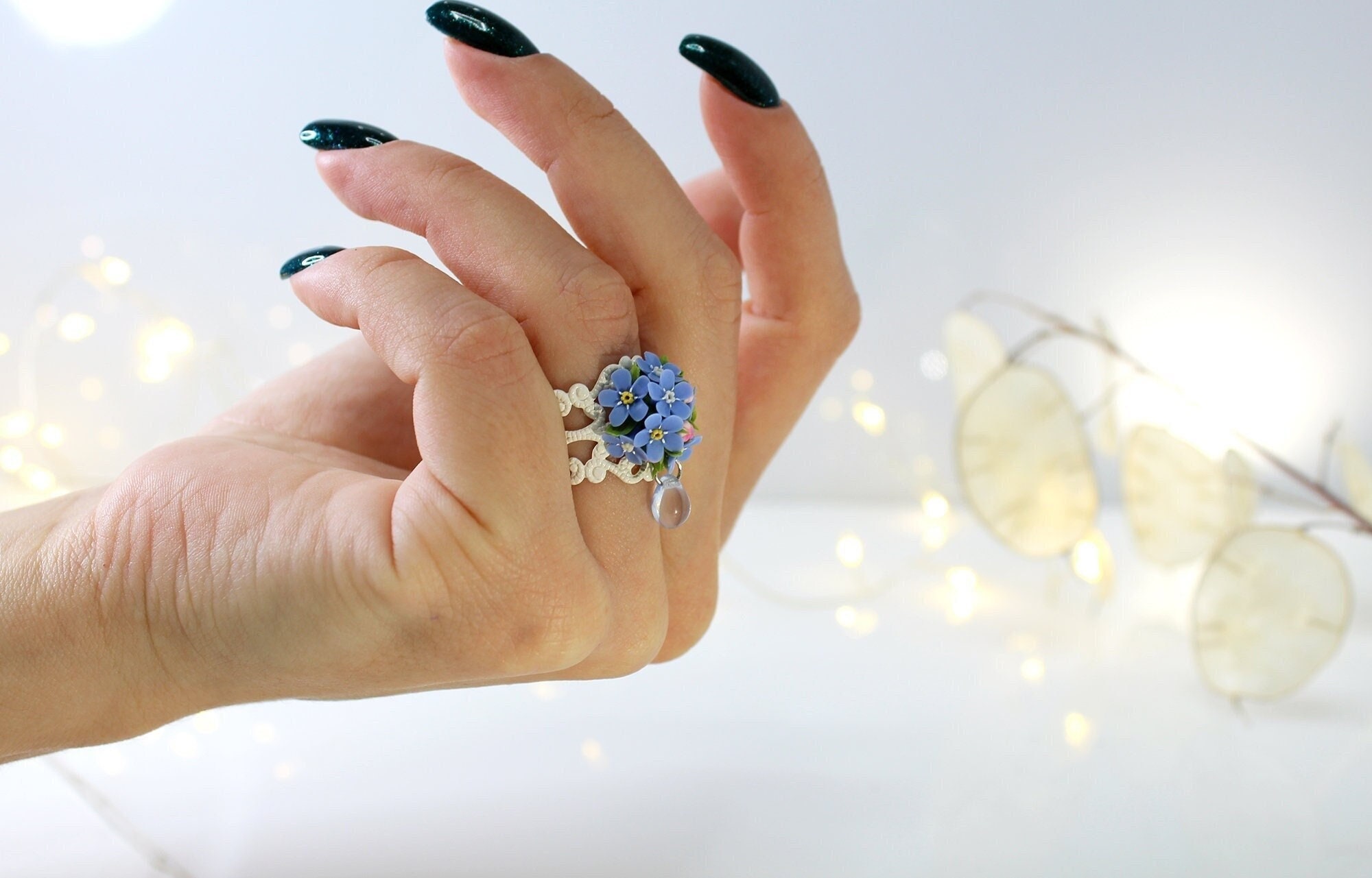 Nature Inspired Fairy Ring with Forget Me Not Flowers Whimsical Forest Floral Bouquet Open Ring