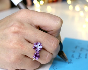 Statement rings extraordinary Lilac Flower rever 925 Sterling Silver Cottagecore Purple Realistic Floral Adjustable Ring Very Peri Jewelry